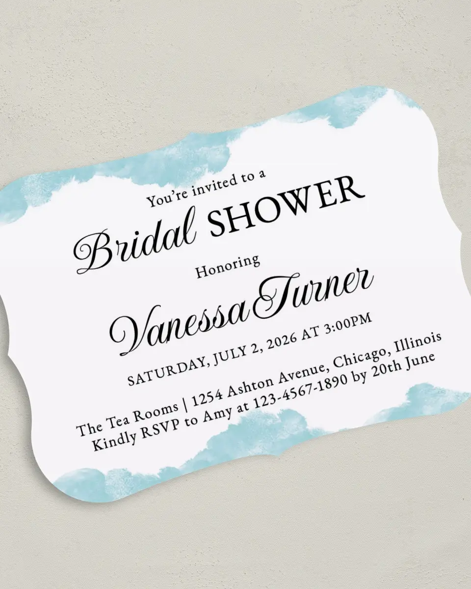 This is a 5" x 7" Bridal Shower Invitation called Painterly Posh printed in full color with Gold foil on Premium Smooth paper