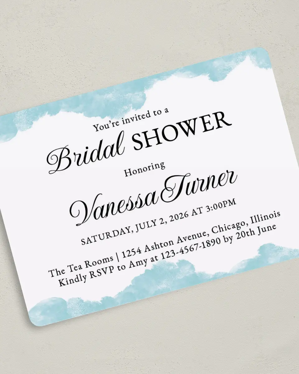 This is a 5" x 7" Bridal Shower Invitation called Painterly Posh printed in full color with Gold foil on Premium Smooth paper