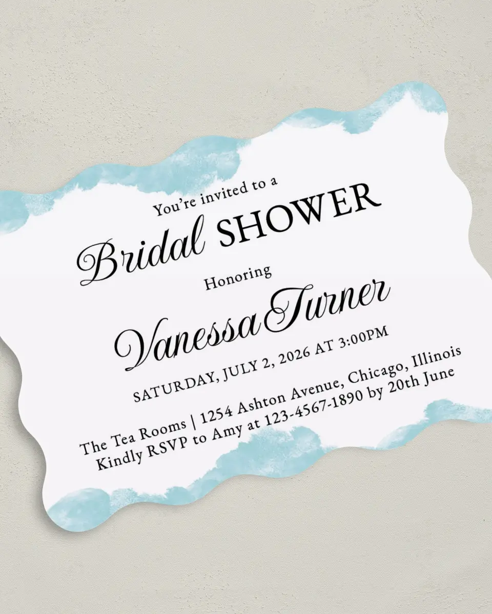 This is a 5" x 7" Bridal Shower Invitation called Painterly Posh printed in full color with Gold foil on Premium Smooth paper