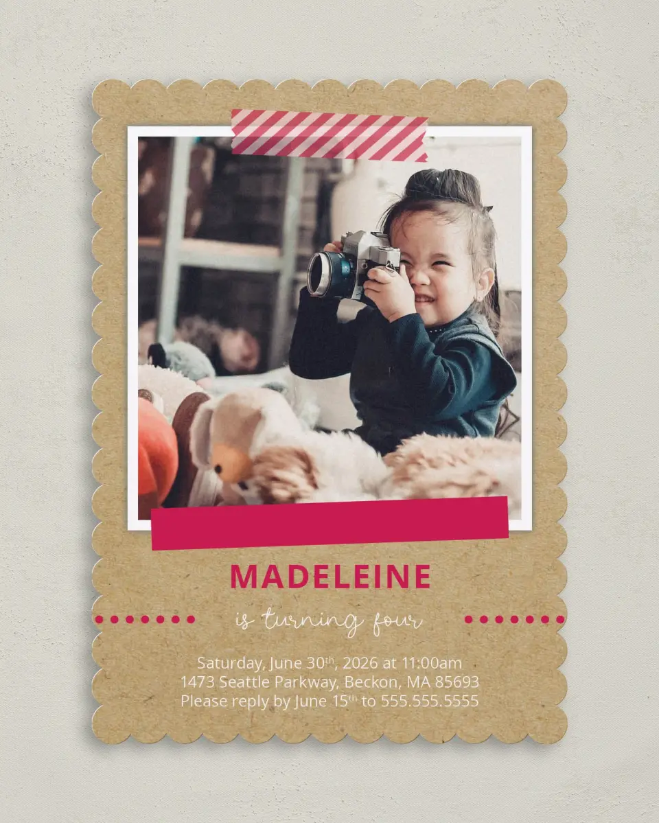 This is a 5" x 7" Birthday Party Invitation called Crafty Cutie printed in full color on Premium Smooth paper