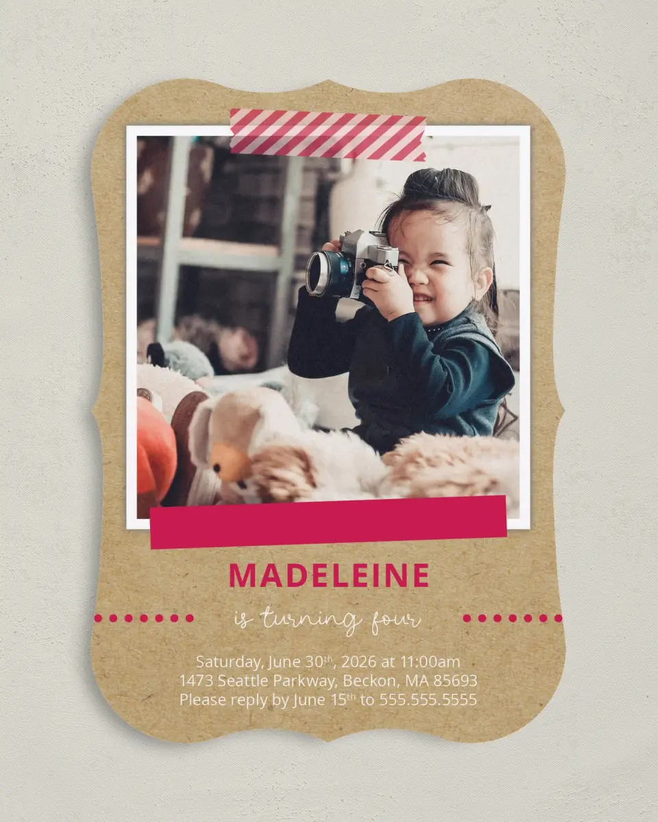 This is a 5" x 7" Birthday Party Invitation called Crafty Cutie printed in full color on Premium Smooth paper
