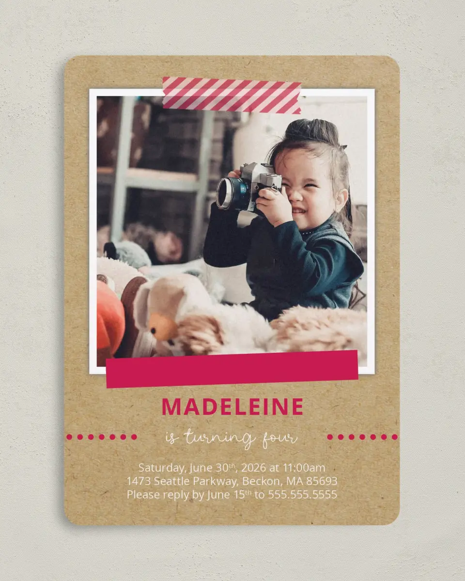 This is a 5" x 7" Birthday Party Invitation called Crafty Cutie printed in full color on Premium Smooth paper