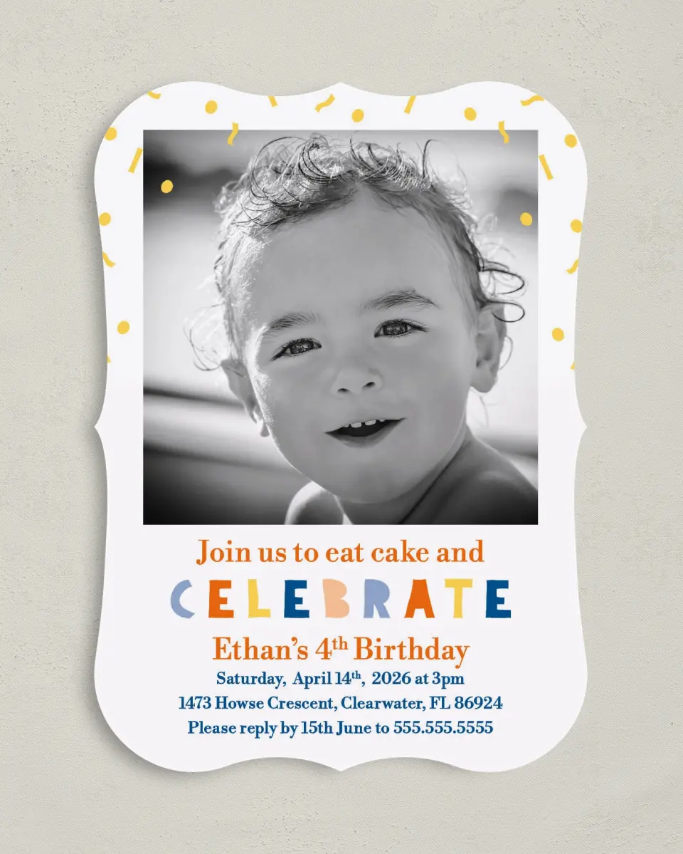 This is a 5" x 7" Birthday Party Invitation called Extra Sprinkles printed in full color with Gold foil on Luxe Satin (coated) paper