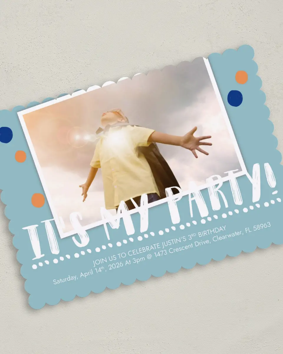 This is a 5" x 7" Birthday Party Invitation called My Party printed in full color on Premium Smooth paper
