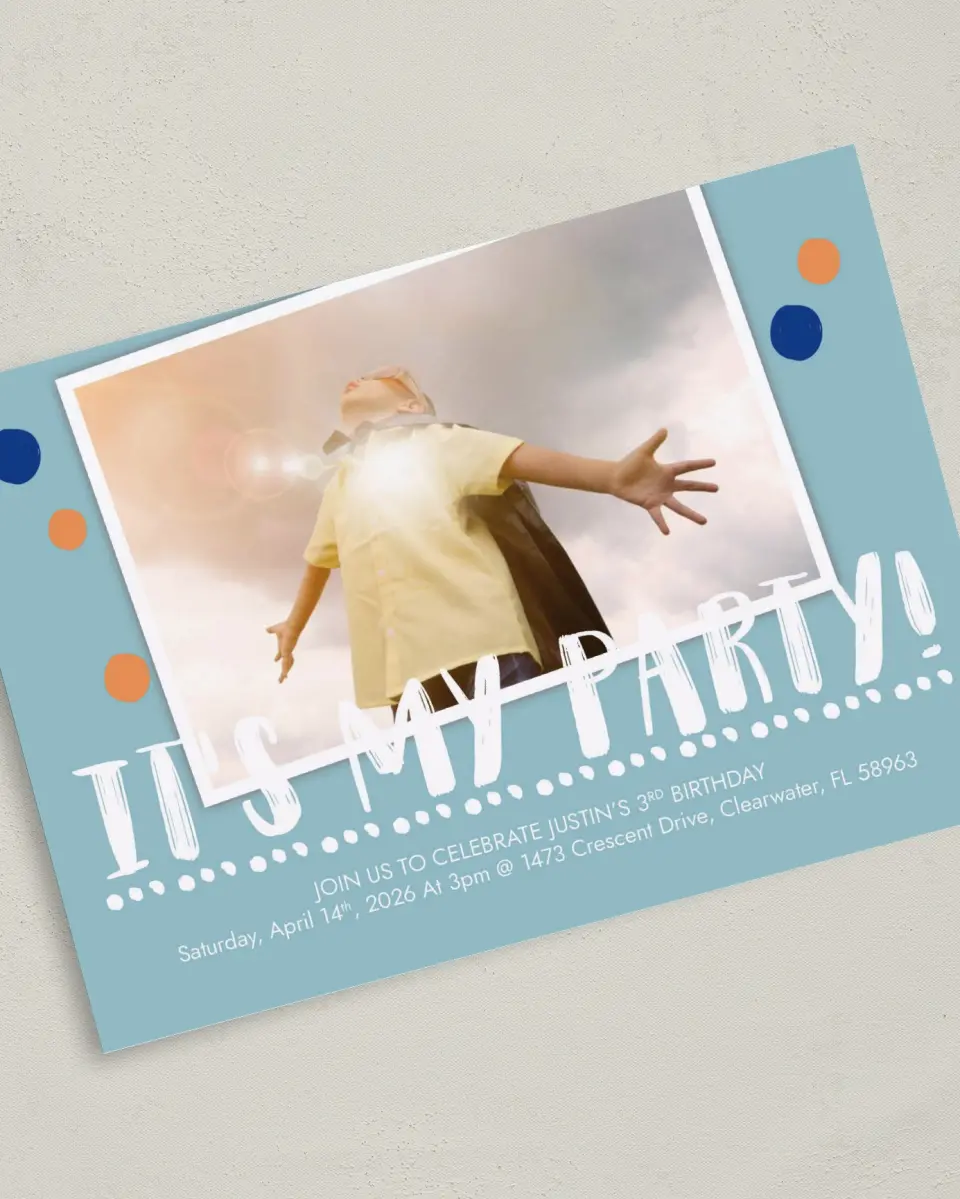 This is a 5" x 7" Birthday Party Invitation called My Party printed in full color on Premium Smooth paper