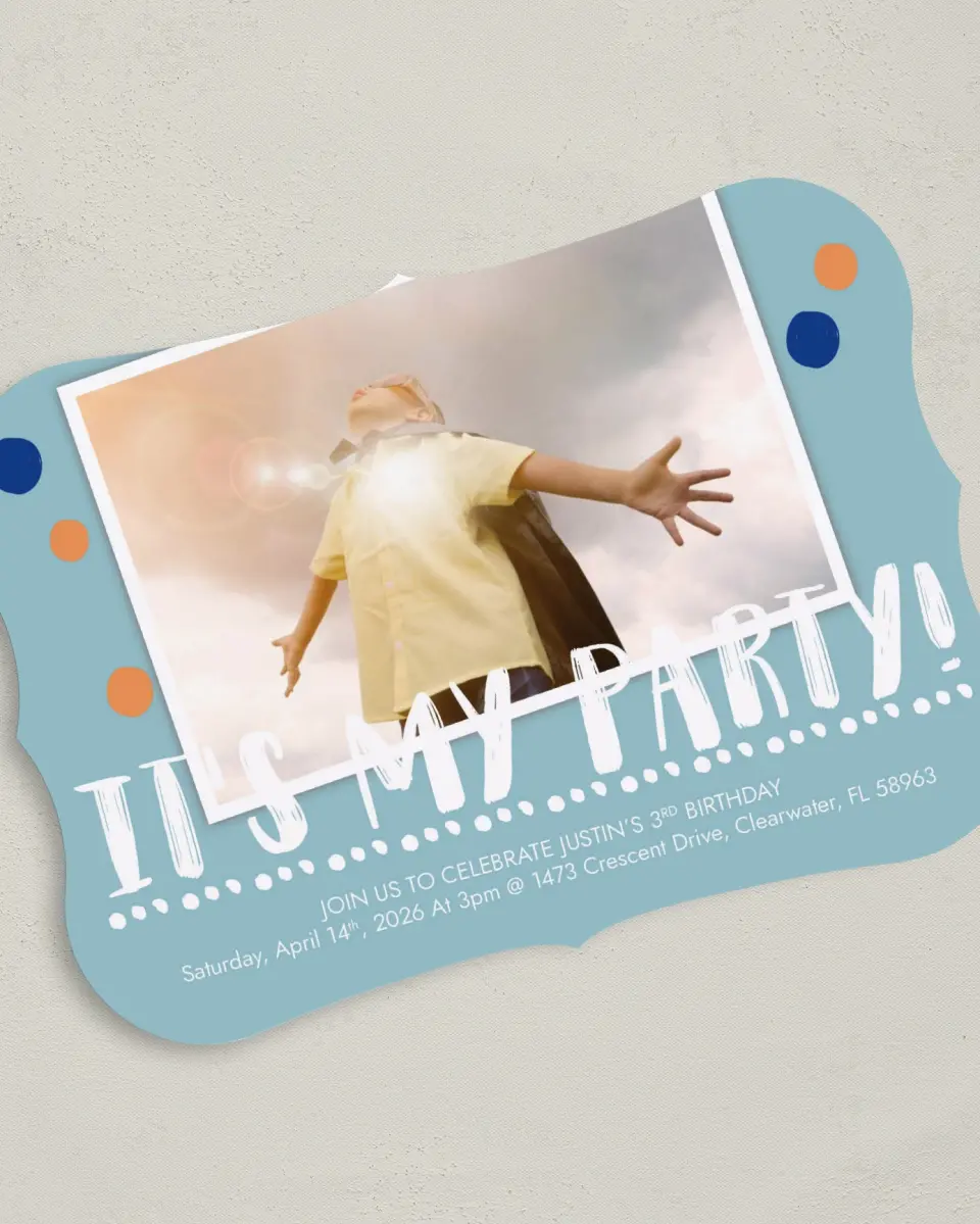This is a 5" x 7" Birthday Party Invitation called My Party printed in full color with Gold foil on Luxe Satin (coated) paper
