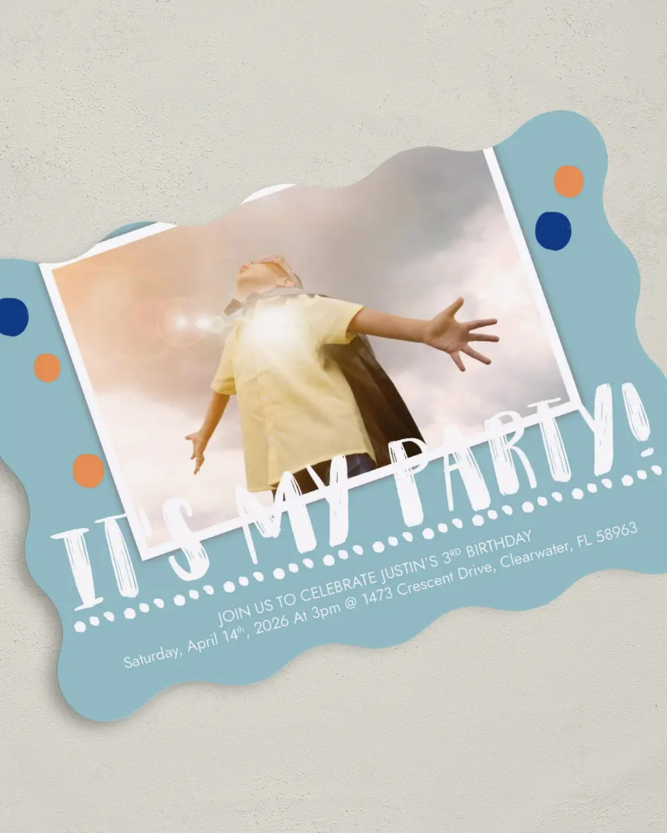 This is a 5" x 7" Birthday Party Invitation called My Party printed in full color on Premium Smooth paper