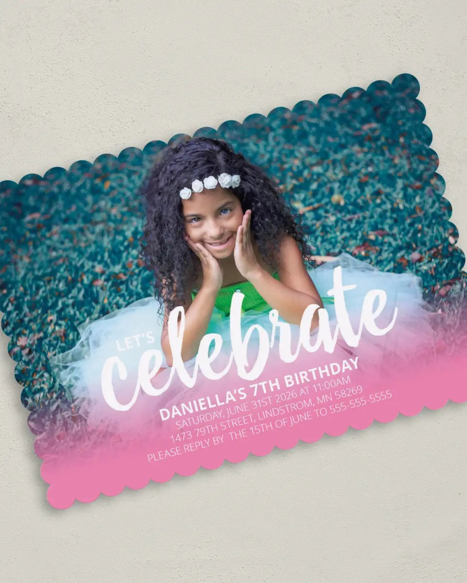 This is a 5" x 7" Birthday Party Invitation called Celebration Sweetness printed in full color on Premium Smooth paper