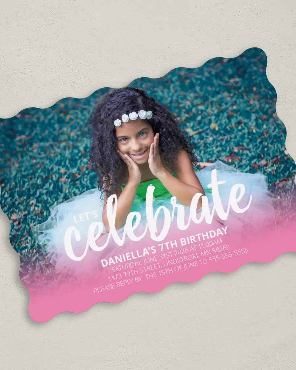 This is a 5" x 7" Birthday Party Invitation called Celebration Sweetness printed in full color on Premium Smooth paper