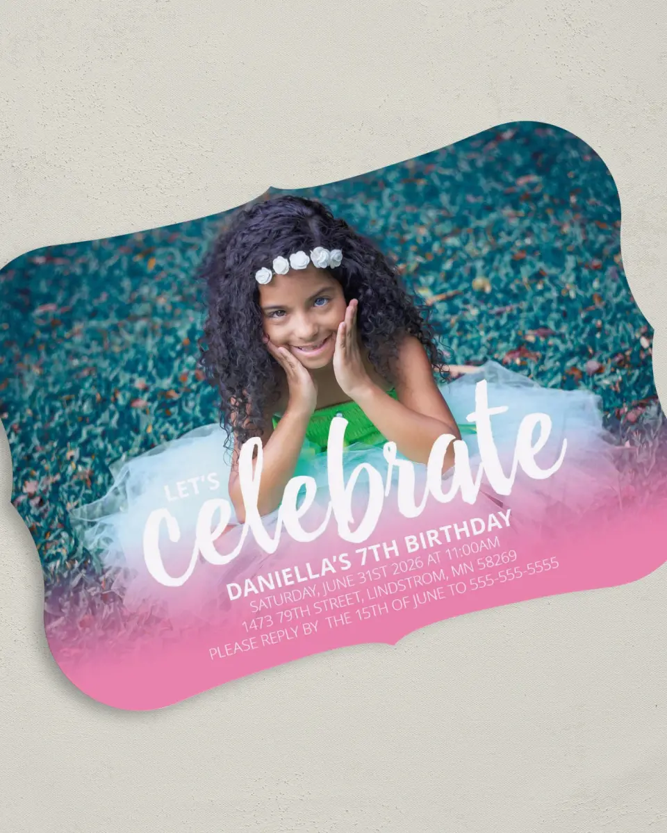 This is a 5" x 7" Birthday Party Invitation called Celebration Sweetness printed in full color with Gold foil on Luxe Satin (coated) paper