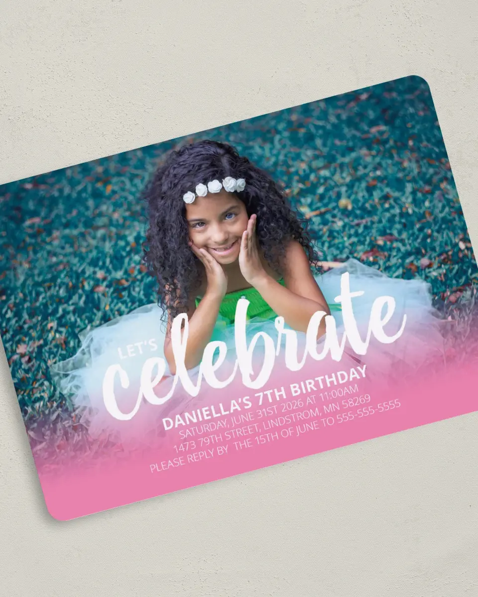 This is a 5" x 7" Birthday Party Invitation called Celebration Sweetness printed in full color on Premium Smooth paper
