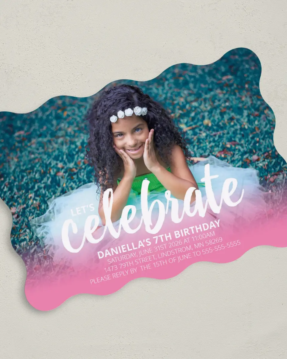 This is a 5" x 7" Birthday Party Invitation called Celebration Sweetness printed in full color with Gold foil on Luxe Satin (coated) paper