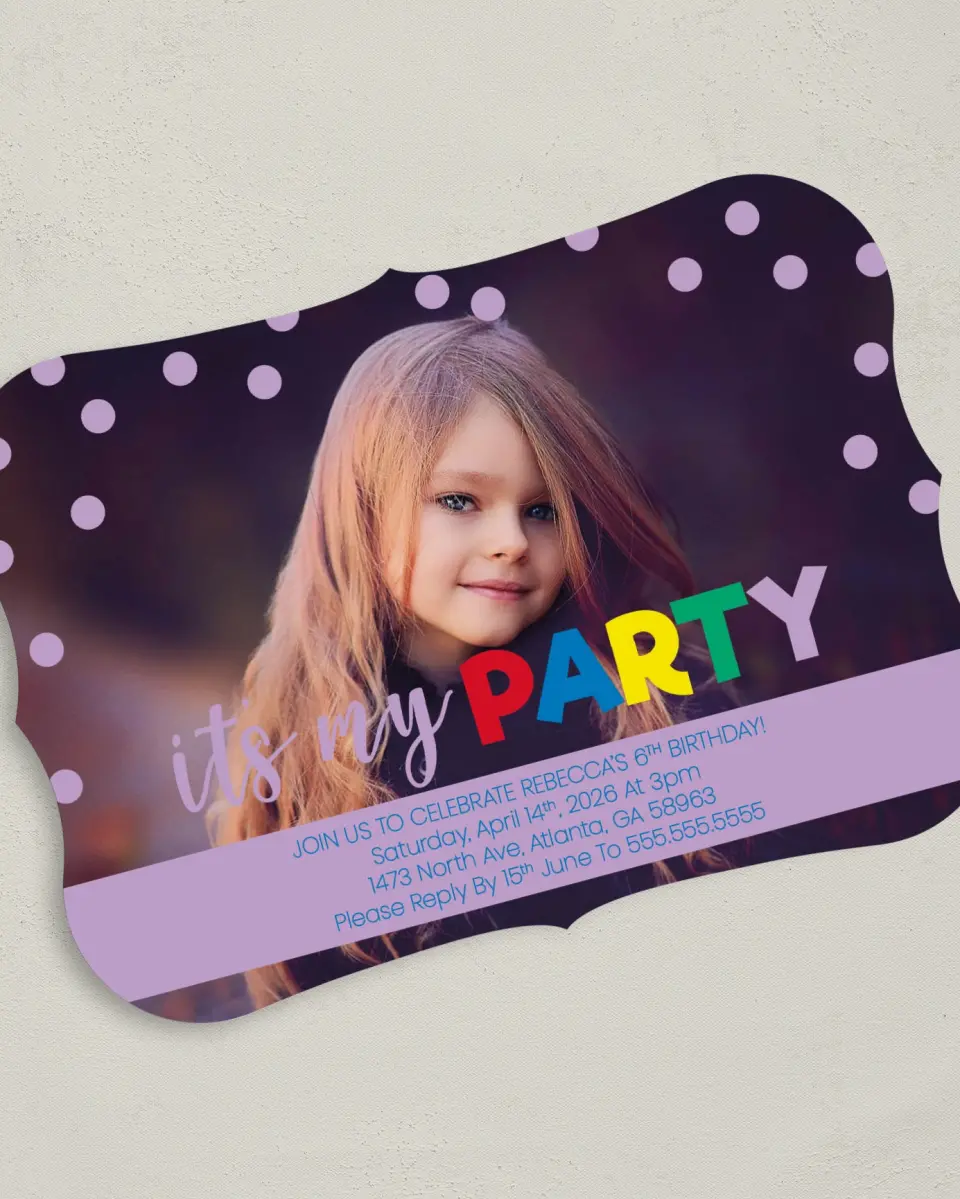 This is a 5" x 7" Birthday Party Invitation called Dotted Delight printed in full color with Gold foil on Luxe Satin (coated) paper