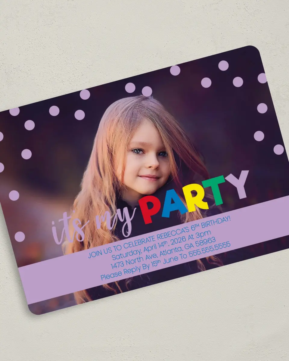 This is a 5" x 7" Birthday Party Invitation called Dotted Delight printed in full color on Premium Smooth paper