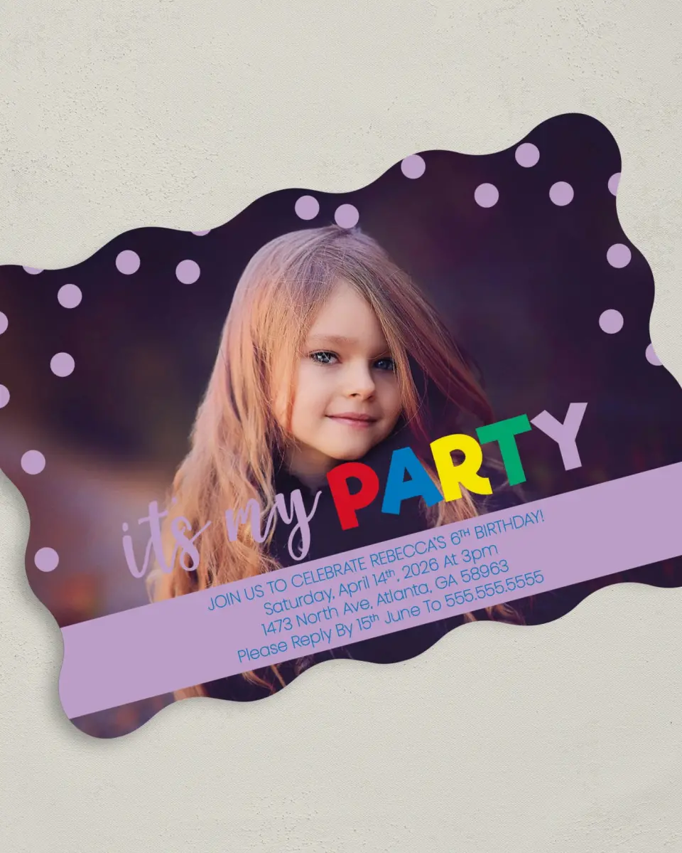 This is a 5" x 7" Birthday Party Invitation called Dotted Delight printed in full color on Premium Smooth paper