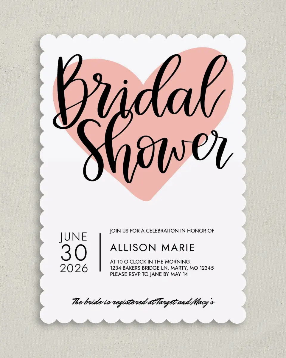 This is a 5" x 7" Bridal Shower Invitation called Hearts United printed in full color with Rose Gold foil on Premium Smooth paper
