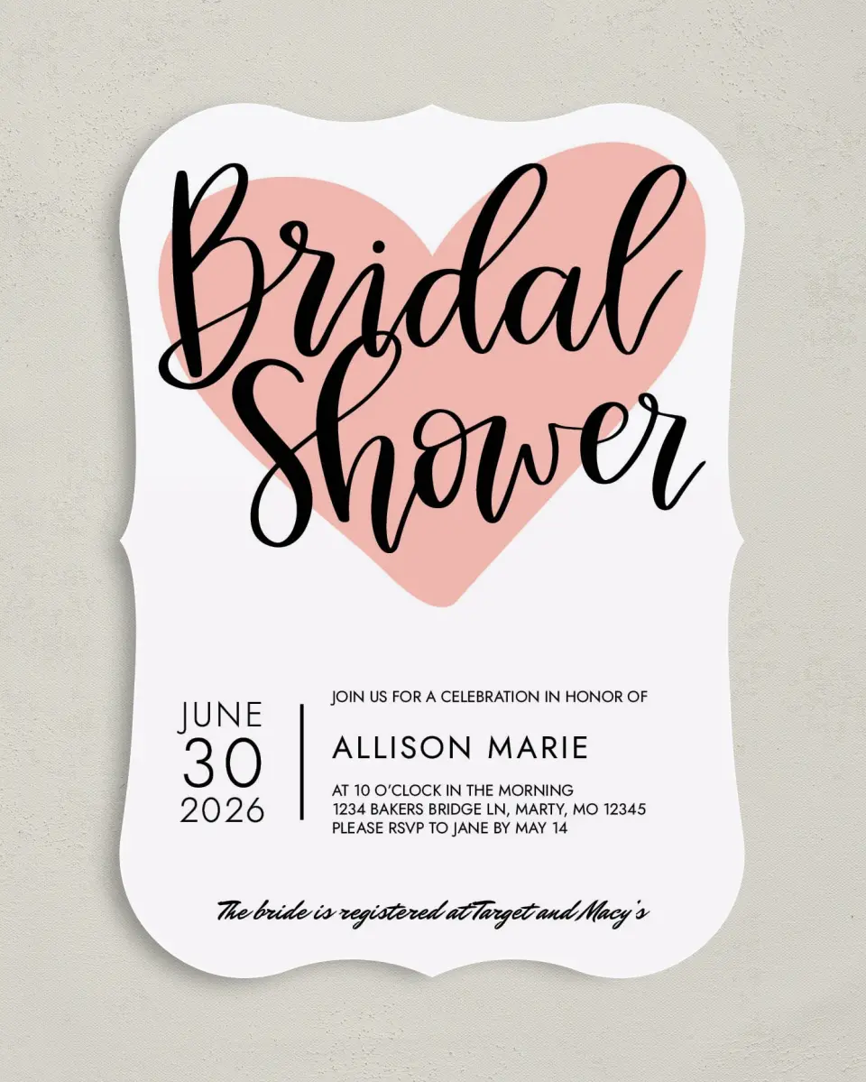 This is a 5" x 7" Bridal Shower Invitation called Hearts United printed in full color with Rose Gold foil on Premium Smooth paper