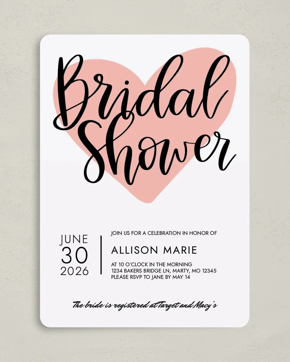 This is a 5" x 7" Bridal Shower Invitation called Hearts United printed in full color with Silver foil on Luxe Satin (coated) paper
