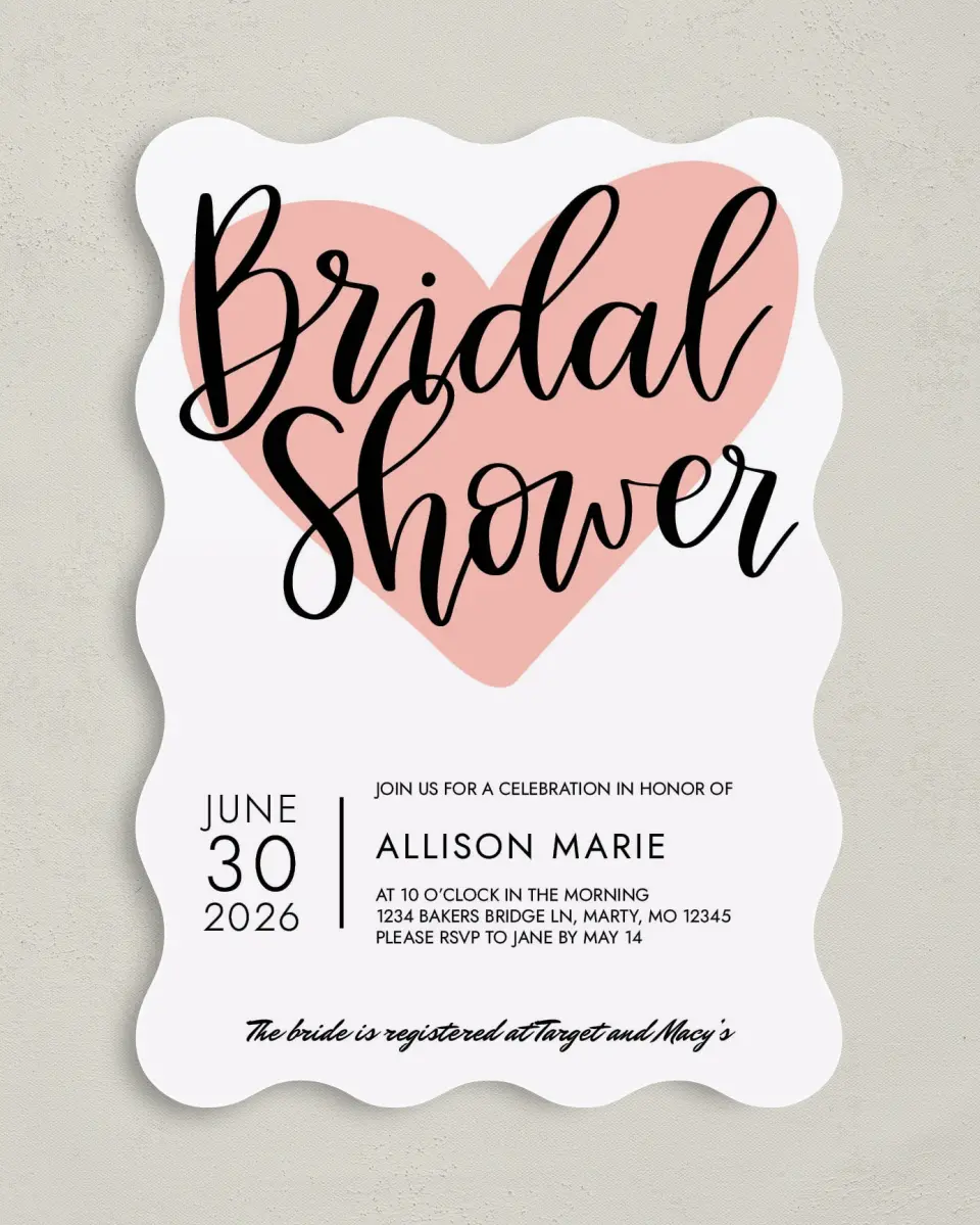 This is a 5" x 7" Bridal Shower Invitation called Hearts United printed in full color with Rose Gold foil on Premium Smooth paper