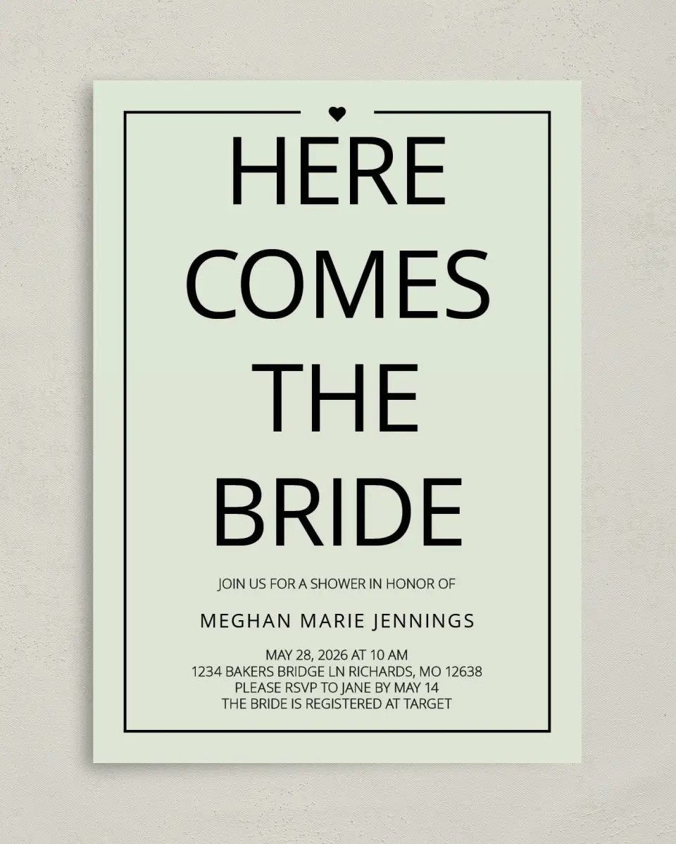 This is a 5" x 7" Bridal Shower Invitation called Bridal Party printed in full color with Gold foil on Luxe Satin (coated) paper