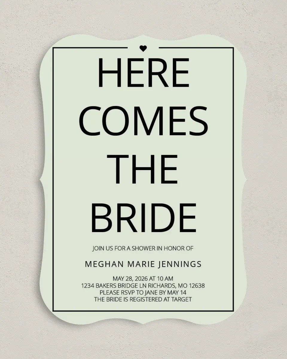 This is a 5" x 7" Bridal Shower Invitation called Bridal Party printed in full color on Premium Smooth paper