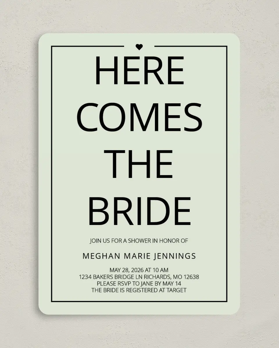This is a 5" x 7" Bridal Shower Invitation called Bridal Party printed in full color on Premium Smooth paper