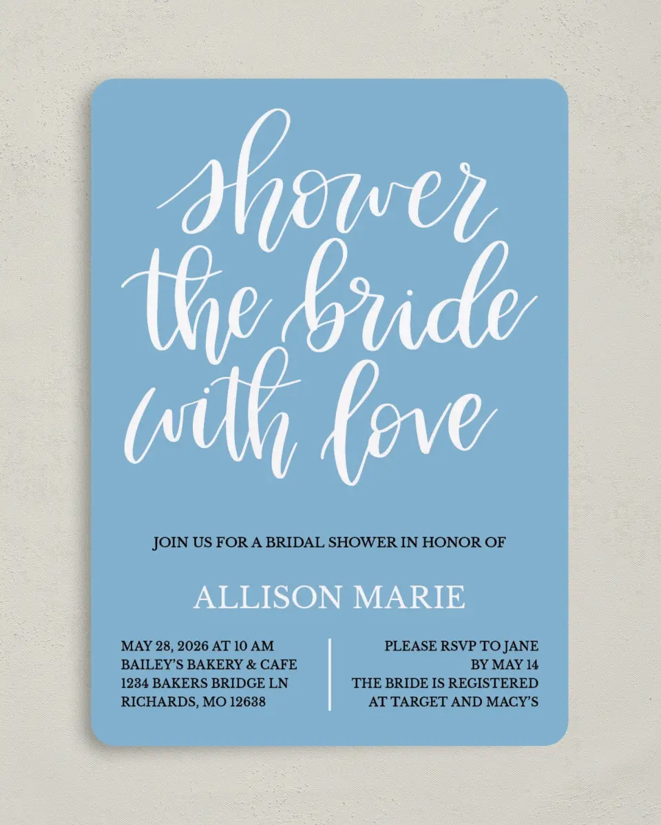This is a 5" x 7" Bridal Shower Invitation called Bridal Blessing printed in full color with Rose Gold foil on Luxe Satin (coated) paper