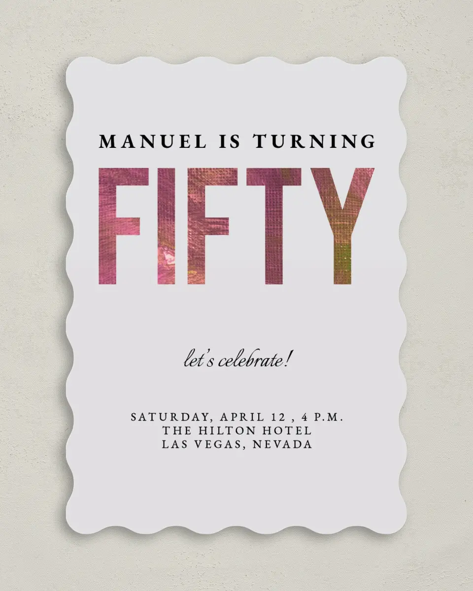 This is a 5" x 7" Birthday Party Invitation called Turning Fifty! printed in full color on Premium Smooth paper