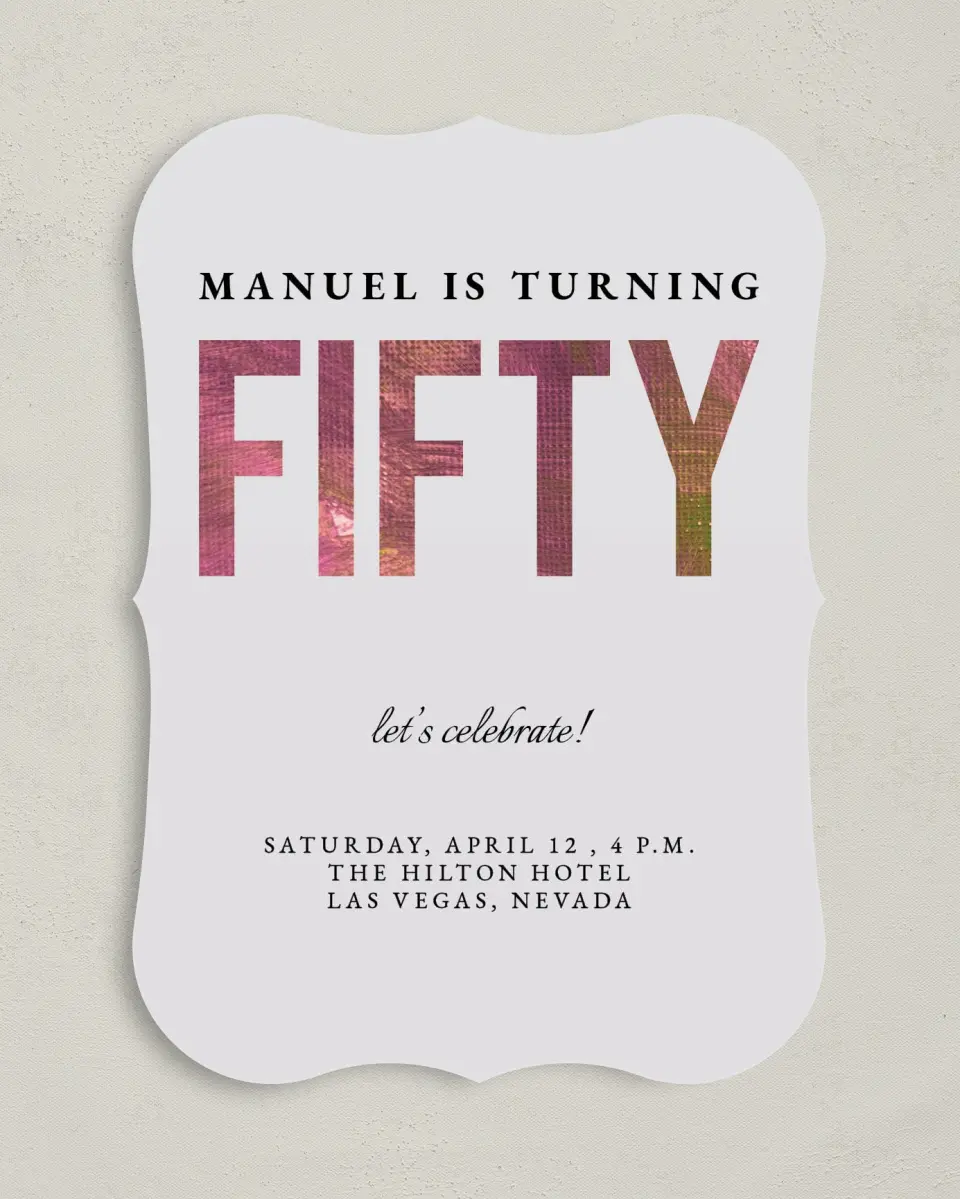 This is a 5" x 7" Birthday Party Invitation called Turning Fifty! printed in full color with Gold foil on Luxe Satin (coated) paper