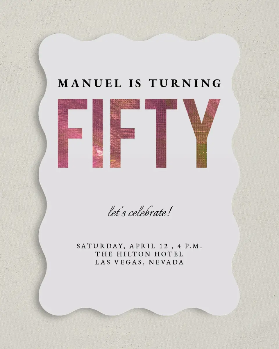This is a 5" x 7" Birthday Party Invitation called Turning Fifty! printed in full color on Premium Smooth paper
