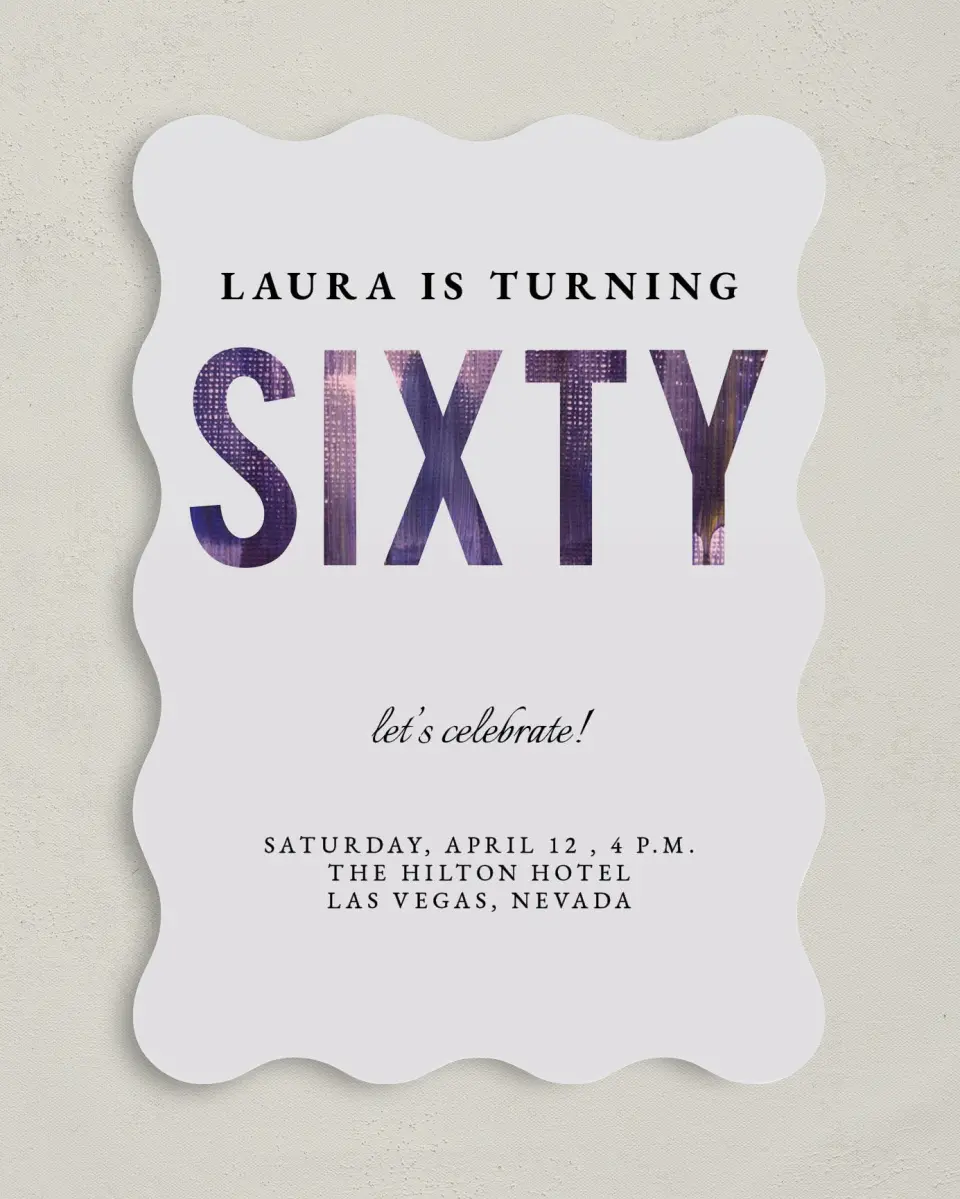 This is a 5" x 7" Birthday Party Invitation called Turning Sixty! printed in full color on Premium Smooth paper