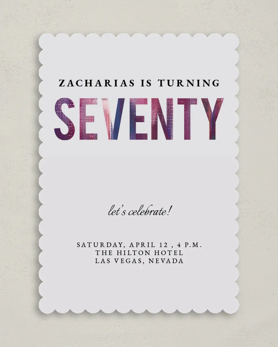 This is a 5" x 7" Birthday Party Invitation called Turning Seventy! printed in full color on Premium Smooth paper