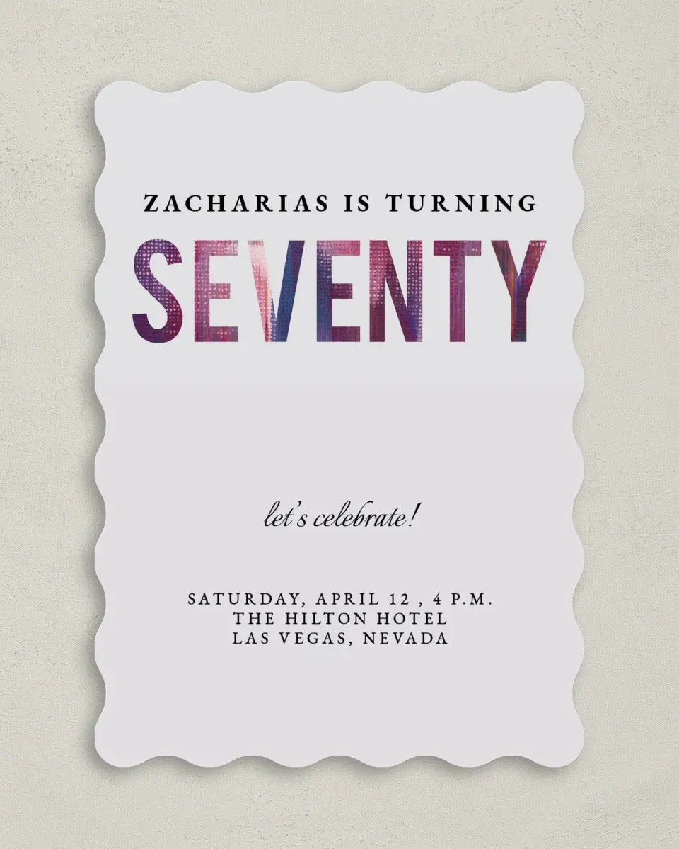 This is a 5" x 7" Birthday Party Invitation called Turning Seventy! printed in full color on Premium Smooth paper