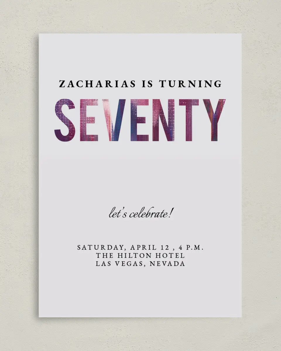 This is a 5" x 7" Birthday Party Invitation called Turning Seventy! printed in full color on Premium Smooth paper