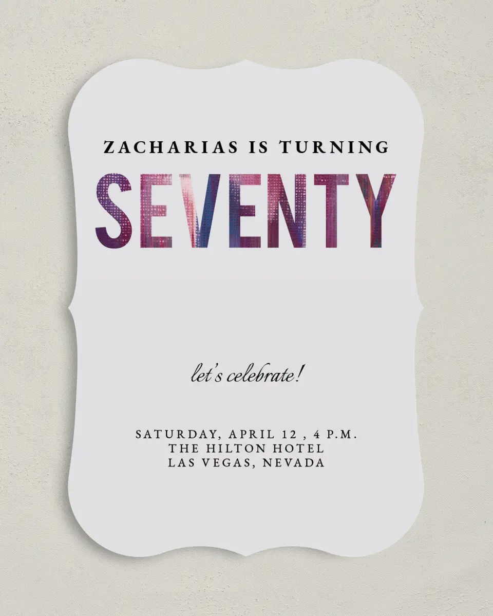 This is a 5" x 7" Birthday Party Invitation called Turning Seventy! printed in full color with Gold foil on Luxe Satin (coated) paper