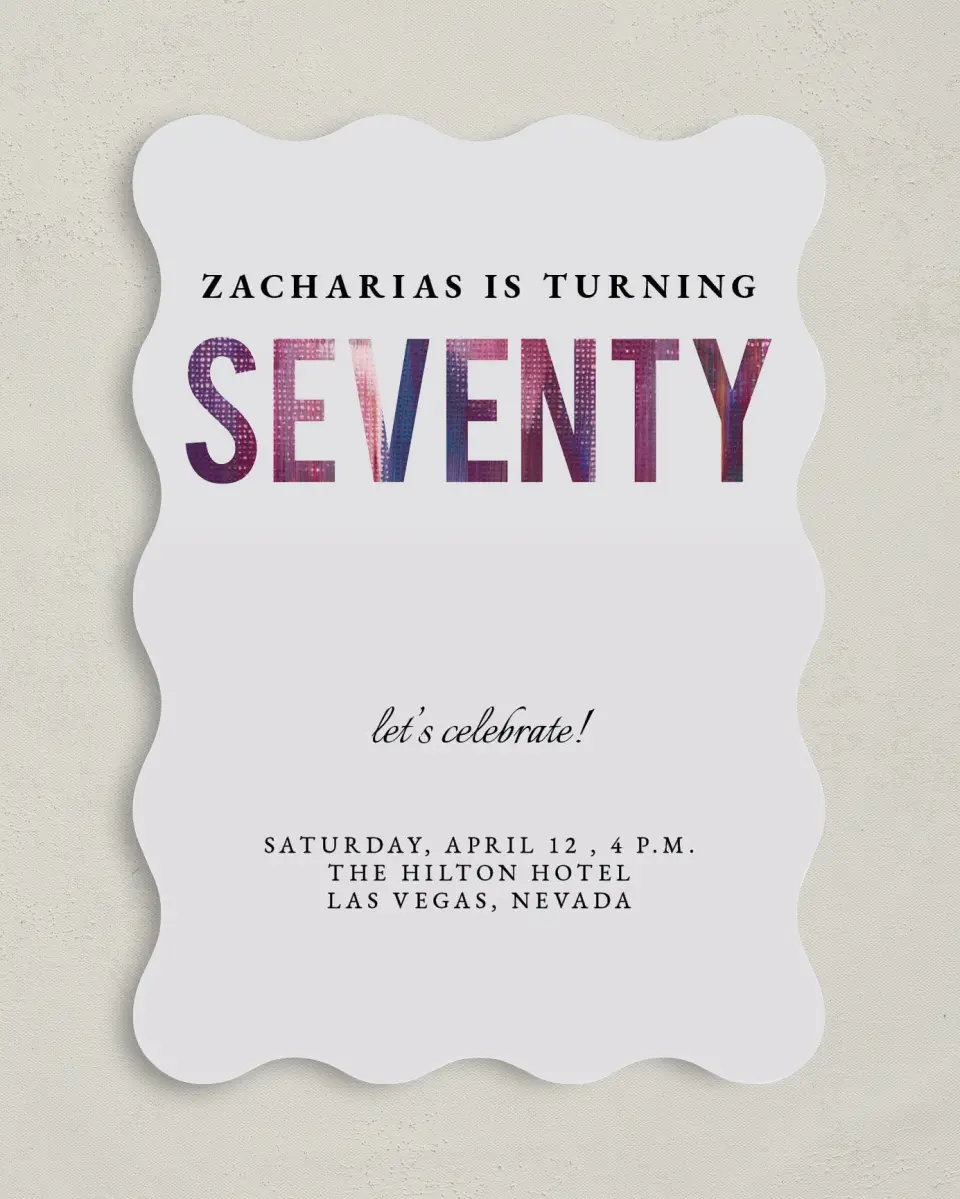 This is a 5" x 7" Birthday Party Invitation called Turning Seventy! printed in full color on Premium Smooth paper