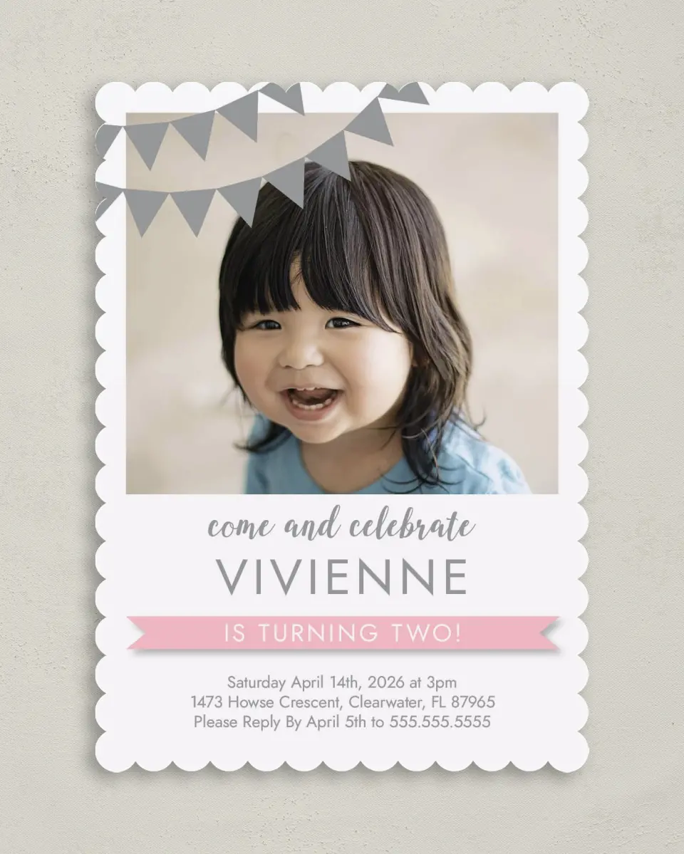 This is a 5" x 7" Birthday Party Invitation called Splashy Bunting printed in full color on Premium Smooth paper