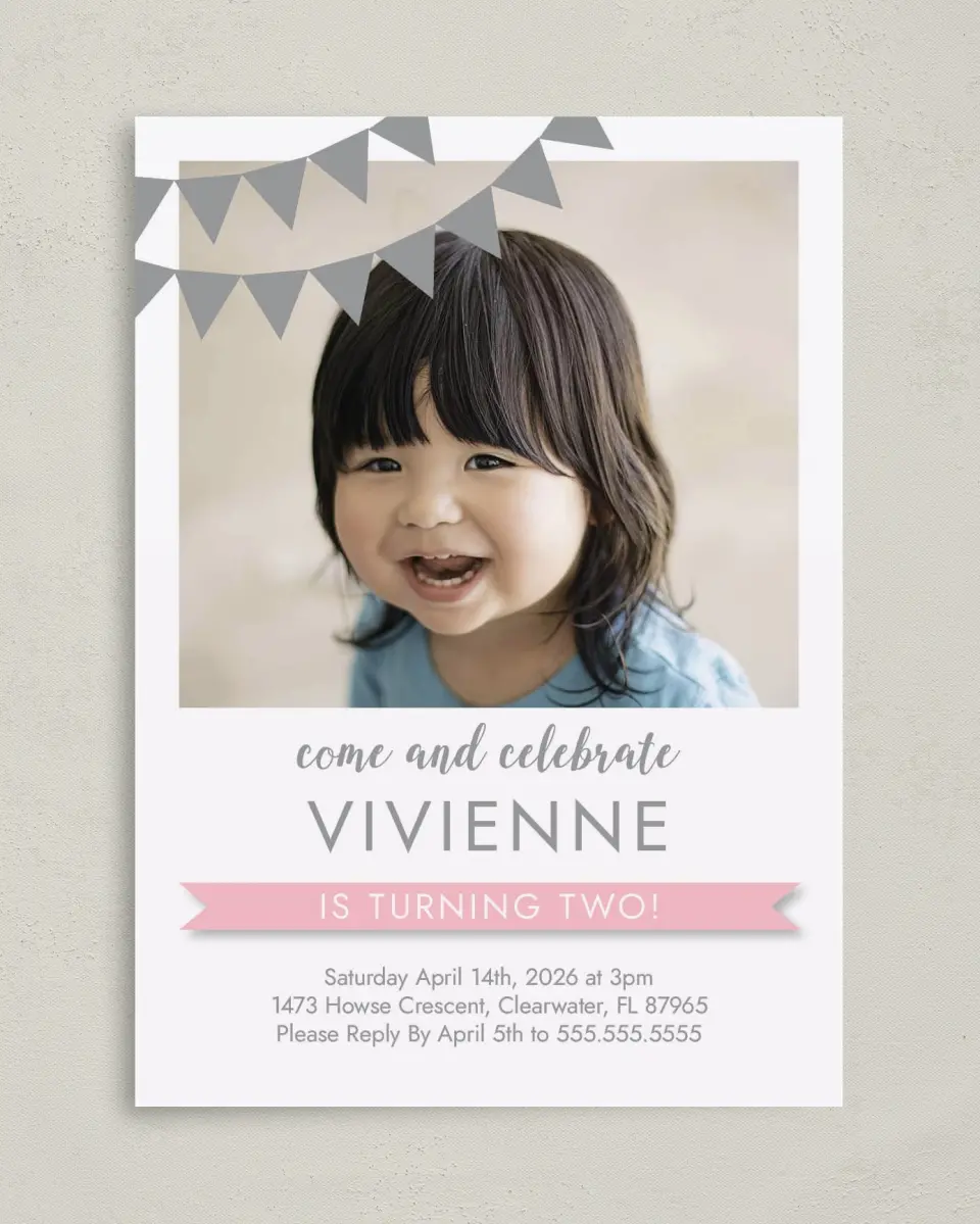 This is a 5" x 7" Birthday Party Invitation called Splashy Bunting printed in full color on Premium Smooth paper