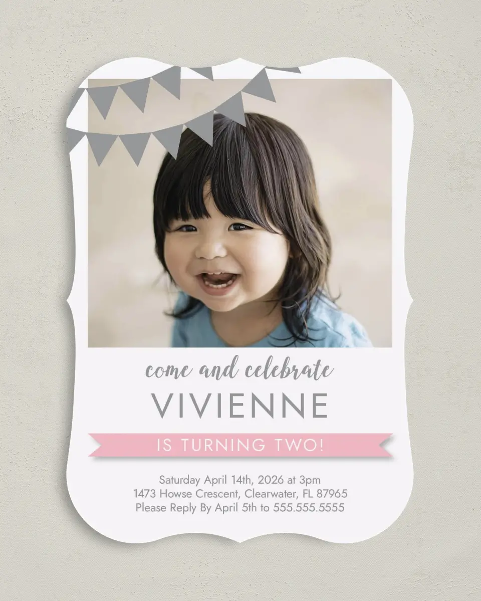 This is a 5" x 7" Birthday Party Invitation called Splashy Bunting printed in full color with Gold foil on Luxe Satin (coated) paper