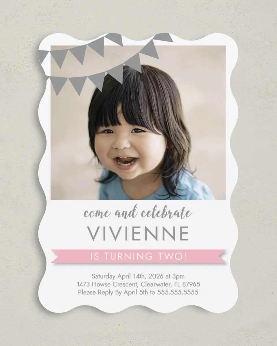 This is a 5" x 7" Birthday Party Invitation called Splashy Bunting printed in full color on Premium Smooth paper