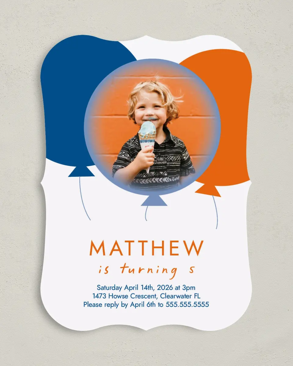 This is a 5" x 7" Birthday Party Invitation called Party Balloons printed in full color with Gold foil on Luxe Satin (coated) paper