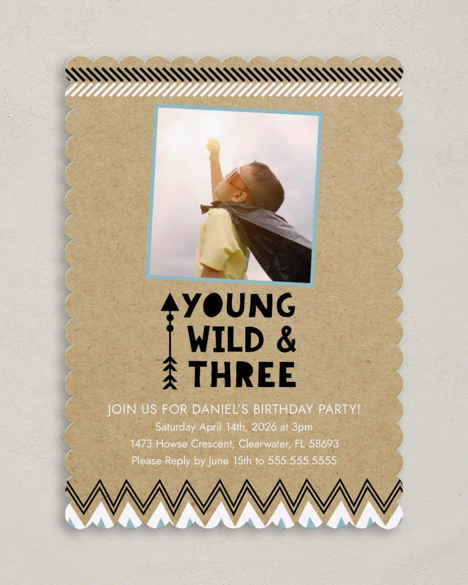 This is a 5" x 7" Birthday Party Invitation called Young & Wild printed in full color on Premium Smooth paper
