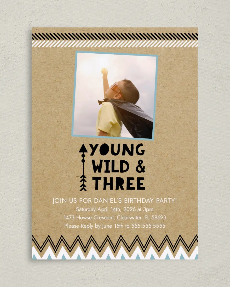 This is a 5" x 7" Birthday Party Invitation called Young & Wild printed in full color on Premium Smooth paper