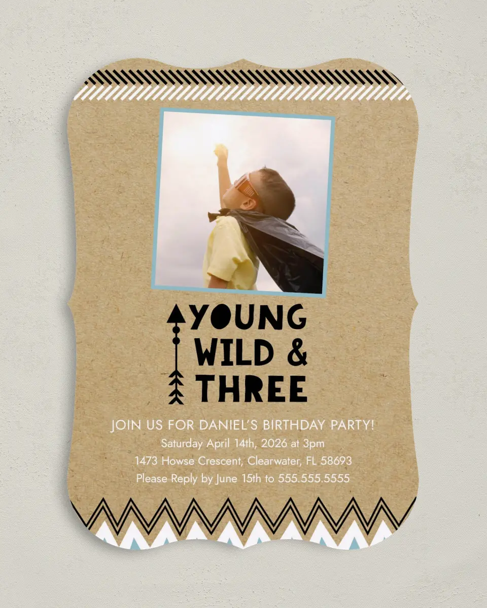 This is a 5" x 7" Birthday Party Invitation called Young & Wild printed in full color with Gold foil on Luxe Satin (coated) paper