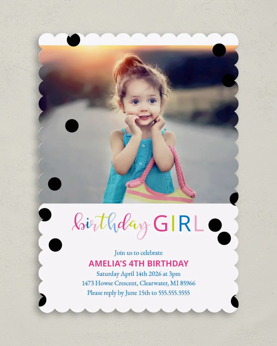 This is a 5" x 7" Birthday Party Invitation called Birthday Darling printed in full color with Silver foil on Premium Smooth paper