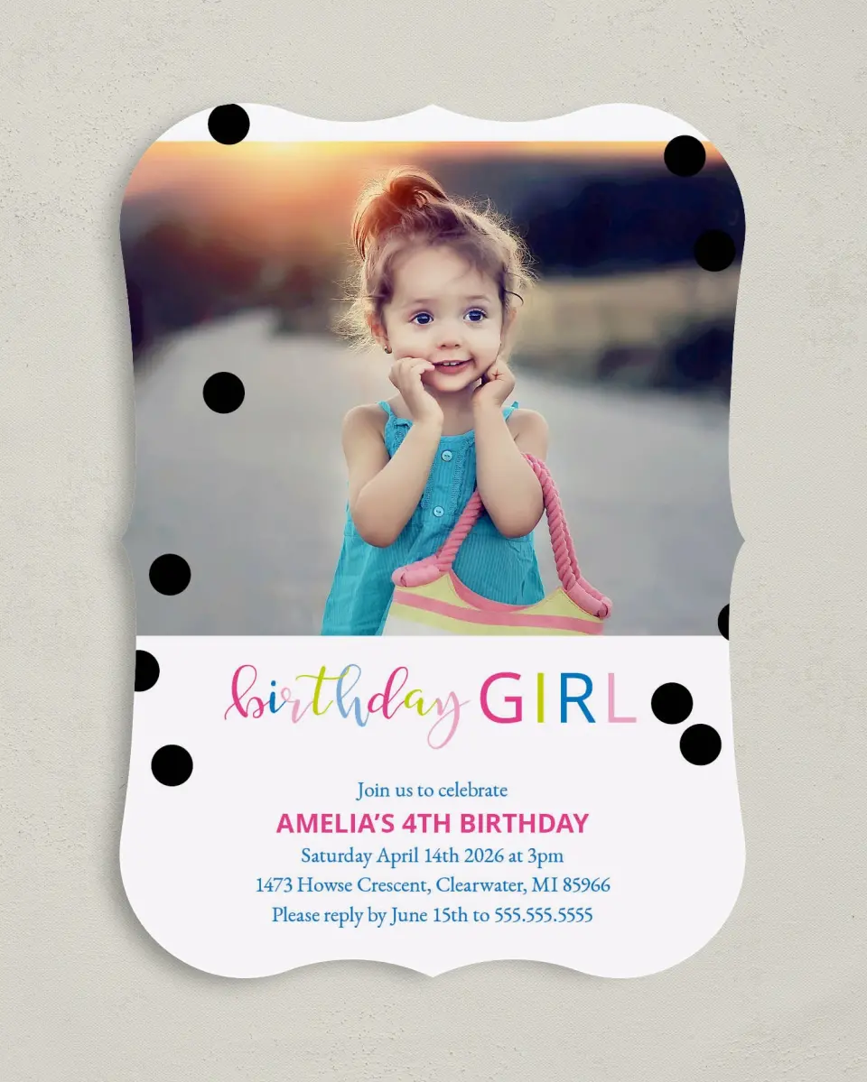 This is a 5" x 7" Birthday Party Invitation called Birthday Darling printed in full color with Gold foil on Luxe Satin (coated) paper