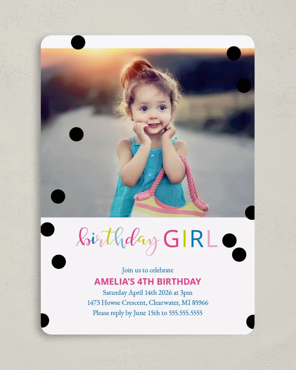 This is a 5" x 7" Birthday Party Invitation called Birthday Darling printed in full color with Silver foil on Premium Smooth paper