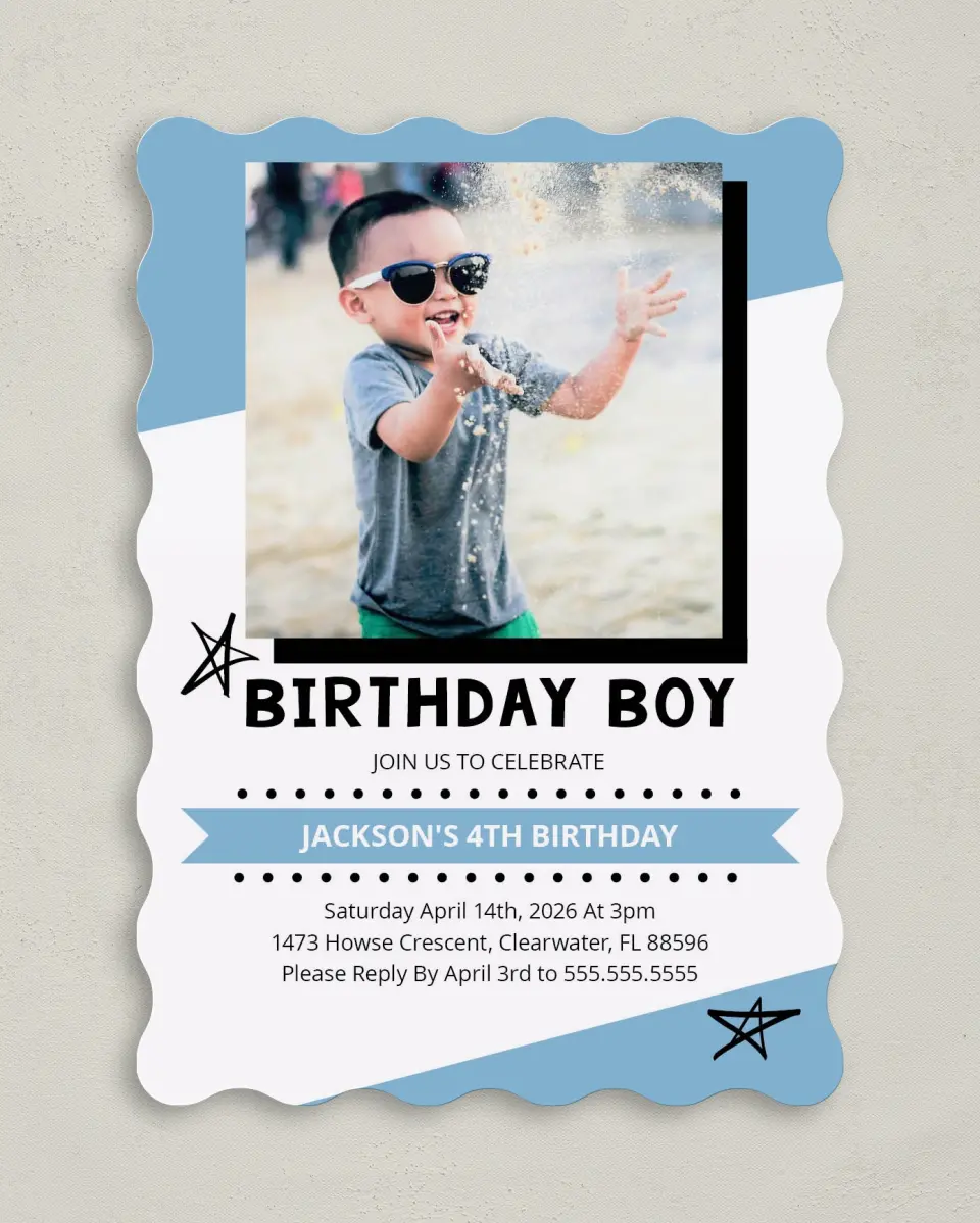 This is a 5" x 7" Birthday Party Invitation called Confetti Bash Boy printed in full color on Premium Smooth paper