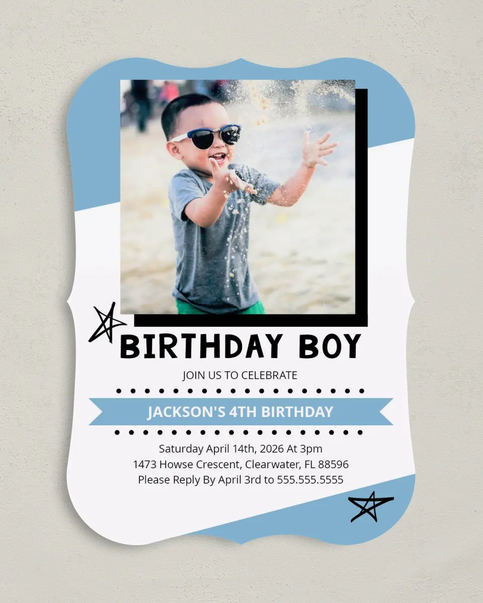 This is a 5" x 7" Birthday Party Invitation called Confetti Bash Boy printed in full color with Gold foil on Luxe Satin (coated) paper