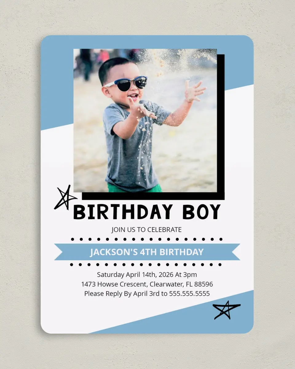 This is a 5" x 7" Birthday Party Invitation called Confetti Bash Boy printed in full color on Premium Smooth paper